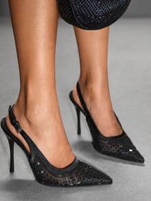 CUCCOO SZL Stylish Sexy Rhinestone Decorative Pointed Heel Slingback Women Pumps - Black - View 9