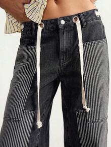 Bohemela Quần nữ dáng suông rộng, cạp thấp, chất liệu denim dệt chắp vá, kiểu dáng thường ngày, phối nhiều mảnh vải, đã qua xử lý giặt. - Xám - Xem 2