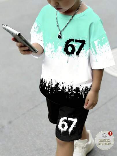 Coolqubz 2pcs/Set Boys' Casual Cute 67 Number Print Short Sleeve T-Shirts, Suitable For Spring/Summer, Ages 4-7, Soft And Skin-Friendly, Bold Graphic Design, Fashionable And Stylish For Kids