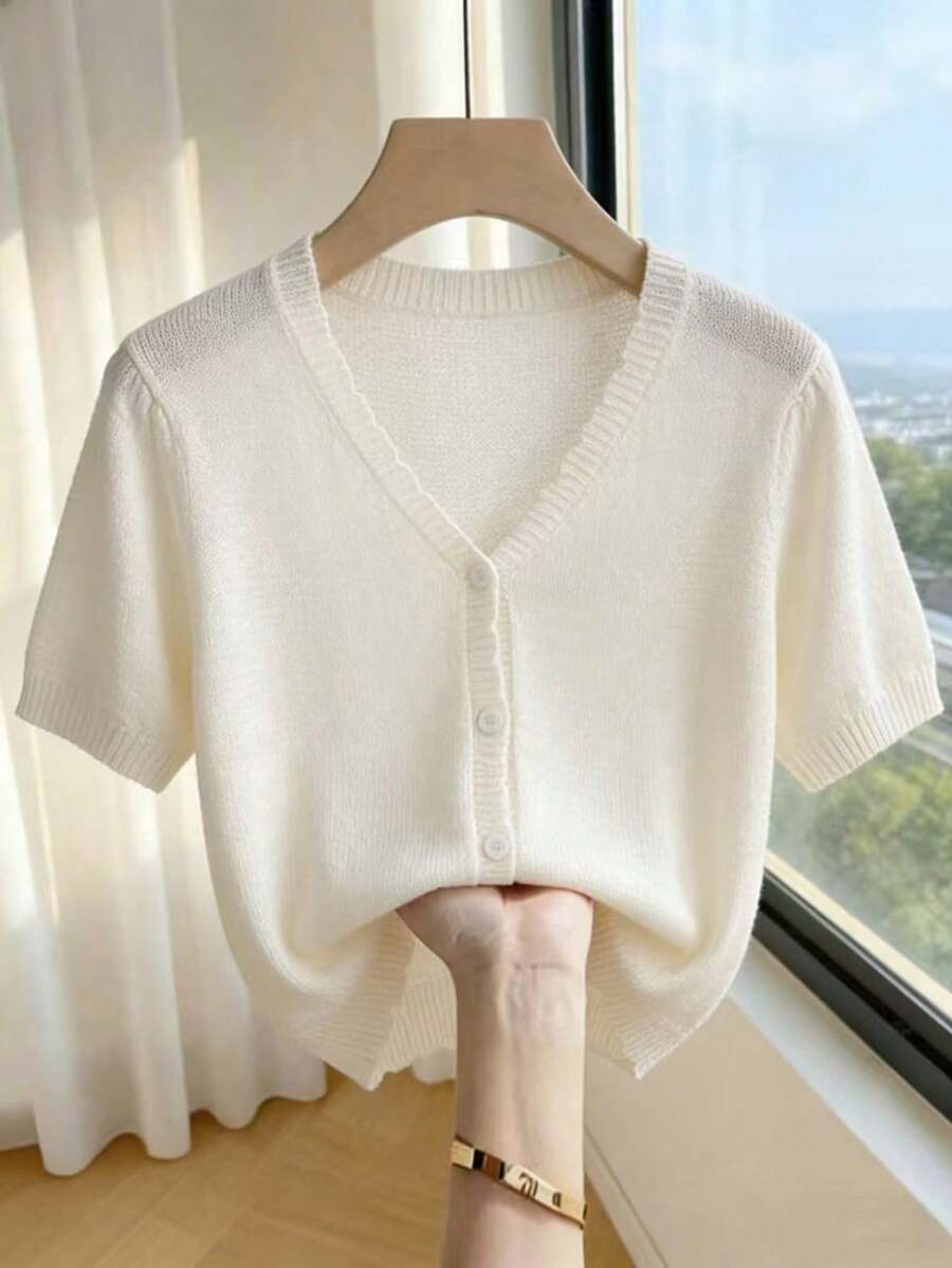 Franclia Casual White Short Length V-Neck Cardigan With Puff Sleeves Rib-Knit Semi-Sheer Design Cropped Cardigan Short Sleeve - White - View 1