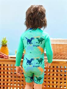 男童连体泳衣，可爱恐龙印花针织面料，长袖拉链连体泳衣，适合夏季度假游泳、海滩冲浪、泳池、夏季派对、休闲度假，儿童服装，防晒，儿童长袖泳衣 - 綠色 - 查看 2