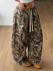 Coolane Pantalones casuales anchos de mujer con cintura con cordón y estampado de ramas - Multicolor - Ver 3