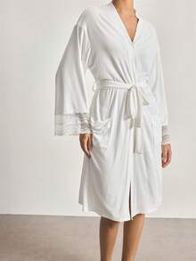 Ocili 女士撞色蕾丝落肩长袖优雅睡袍 - 白色 - 查看 5