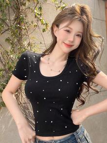 DAZY Round-Neck Rhinestone Decor Slim Fit Short Sleeve T-Shirt For Summer Casual Outfits Cute Tops,Crop Tops Women - Black - View 15