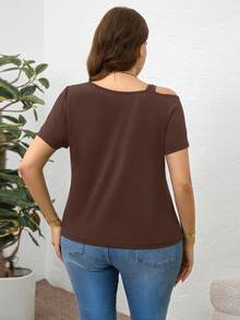 Reflora Plus Size Women Elegant Round Neck Hollow Out Twist Knot T-Shirt - Coffee Brown - View 2