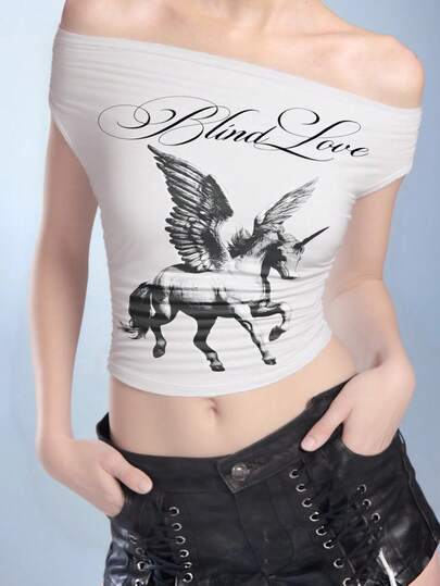 ROMWE J-Fashion 性感不对称肩部音乐节马年动物标语Y2K短袖T恤，女款，夏季