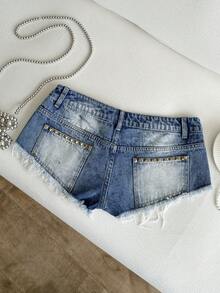 SHEIN Shorts vaqueros vintage con remaches de tiro ultra bajo - Azul - Ver 6