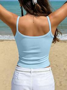 Sundraya Women's Beaded Decor Fashionable Versatile Vacation Camisole For Beach - Baby Blue - View 2