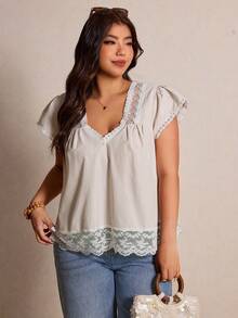 Elaquor Plus Size Multicolor Woven Fabric Flounce Short Sleeve V Neck Blouse With Ruffle Hem And Lace Details - Multicolor - View 5