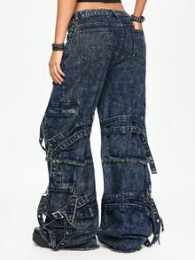 ROMWE Grunge Punk Quần jean ống rộng nữ phong cách đường phố punk, trang trí bằng ruy băng và dây kim loại. - Màu xanh lam - Xem 3