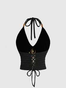 ROMWE Women's Summer Boho Dark Gothic Mysterious Moth & Floral Embroidery Halter Knit Top - Black - View 2