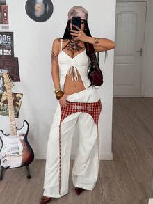 Coolane 白色梭织女式拼接格子阔腿裤 - 紅白色 - 查看 4