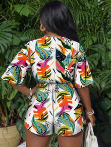 Slaydiva Vacation White Front Tie Hollow Out 3/4 Sleeve Loose Jumpsuit - Multicolor - View 2