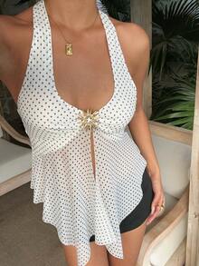 SHEIN EZwear 夏季女士波点印花露背吊带背心 - 白色 - 查看 5