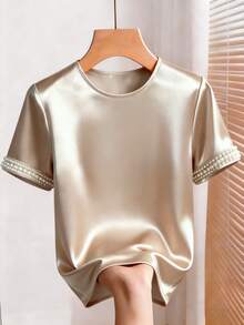 Franclia Women's Champagne Satin T-Shirt With Pearl Embellished Short Sleeves Casual And Elegant Boat Neck Top - Champagne - View 4