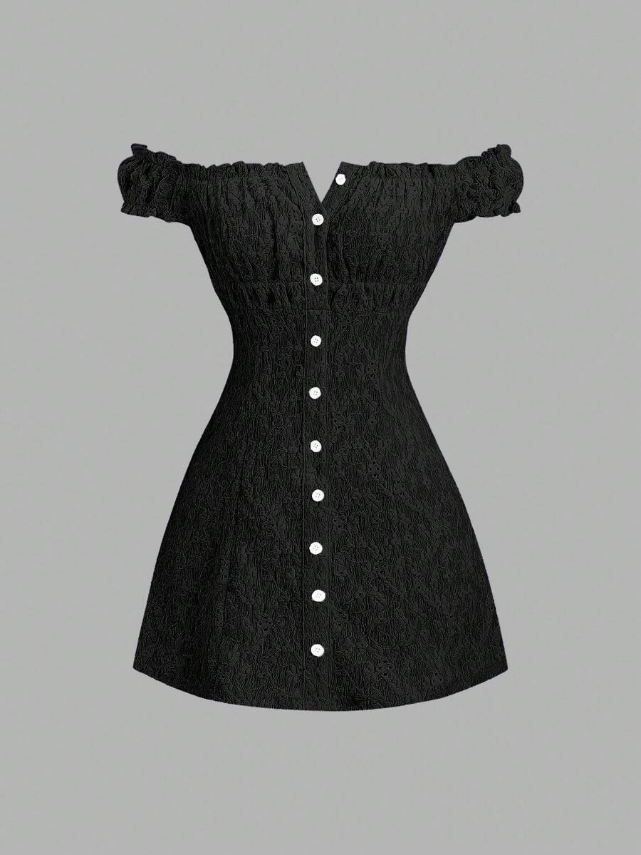 Sweetra Women's Sweet Jacquard Texture Hollow-Out Sexy Off-Shoulder Casual Fitted Dress, Spring/Summer - Black - View 1