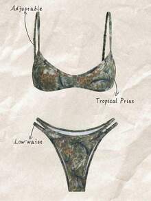 Elavelle 2pcs/Set Women's Random Print Spaghetti Strap Sexy Bikini Set, Summer - Multicolor - View 1