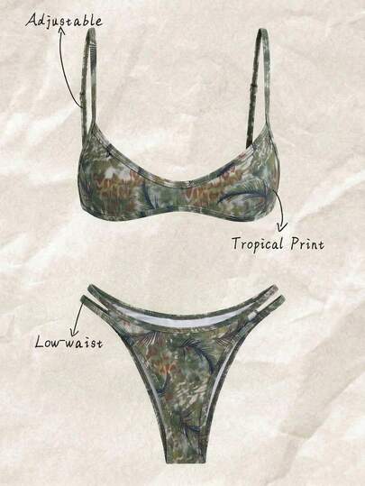 Elavelle 2pcs/Set Women's Random Print Spaghetti Strap Sexy Bikini Set, Summer