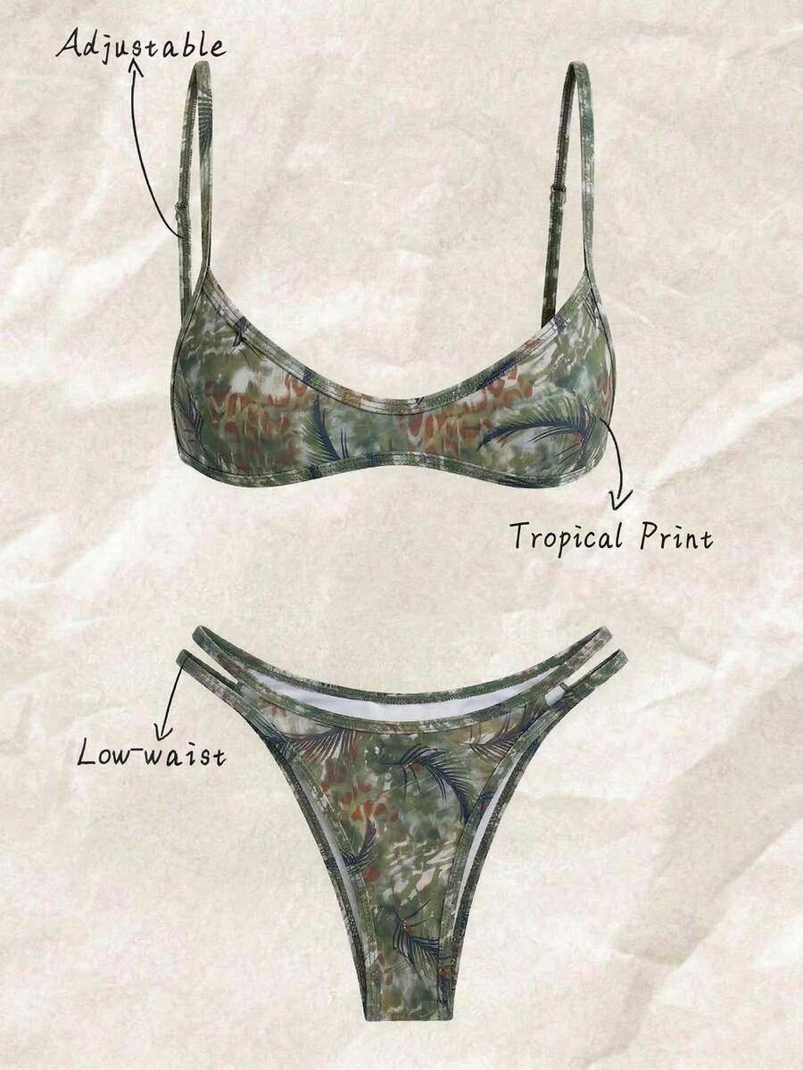 Elavelle 2pcs/Set Women's Random Print Spaghetti Strap Sexy Bikini Set, Summer - Multicolor - View 1