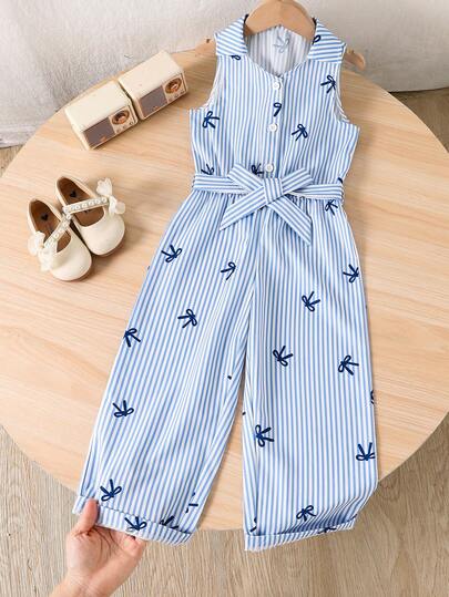 SHEIN Genkimix Kids Girls' Casual All-Match Versatile Collared Button-Front Belted Soft Crinkle Denim Look Jumpsuit Pants, Suitable For Autumn, Picnics, Outings, Matching Outfits, Daily Wear