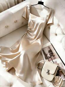 GlowEve CURVE Plus Size Women Elegant Square Neck Ruched Satin Dress,Silk Shimmer Bridal Outfit,Formal Classy White Luxury Dresses,Champagne,Summer,Wedding Guest - Apricot - View 1