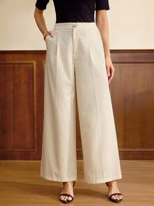 Vintamour Pantalon vintage classique élégant pour femme, fermeture à boutons ajustée avec poches, couleur beige, printemps/été - Nude - Voir 3