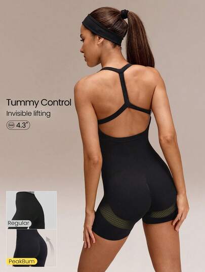 GLOWMODE 4.3英寸超细柔软无缝透气罗纹腰部压缩片可拆卸胸垫提臀工字背短款连体衣，适合训练、跑步、健身房、瑜伽、日常运动穿着