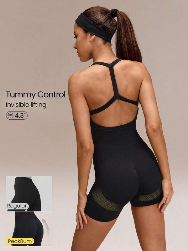 GLOWMODE 4.3英寸超细柔软无缝透气罗纹腰部压缩片可拆卸胸垫提臀工字背短款连体衣，适合训练、跑步、健身房、瑜伽、日常运动穿着