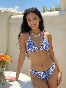 SHEIN 少女全印花挂脖比基尼套装，适合度假休闲 - 藍色 - 查看 4