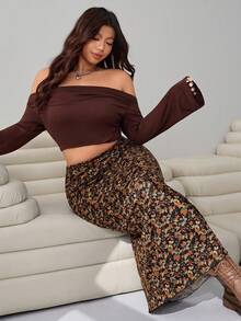 Enliva 2025 Autumn/Winter New Casual Outgoing Daily Wear Party Date Holiday Multi-Occasion Versatile Elastic Waist Earth Tone Ditsy Floral High Stretch Mesh Print Plus Size Skirt, For Apple And Rounded Body Shape - Multicolor - View 3