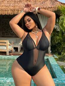 Swim SXY 2026新款大码奢华性感连体泳衣，深V网纱拼接，视觉显瘦，钢圈支撑，高弹塑形，凸显曲线，连体泳衣，带钢圈紧身衣，女士泳装，女士泳衣，全包覆式泳衣，女士透视泳衣 - 黑色 - 查看 3