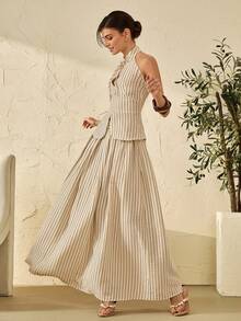 Bóhologie Women Two Pieces Outfits Linen Collection Vest And Skirt Suit Sets Fake Linen - Black and White - View 4