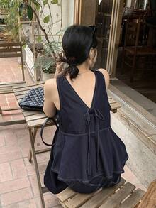 DAZY Bộ trang phục mùa hè thường ngày dành cho nữ, gồm áo cổ chữ V không tay, viền bèo nhún và quần ống rộng kiểu cao bồi miền Tây. - Màu xanh lam - Xem 2