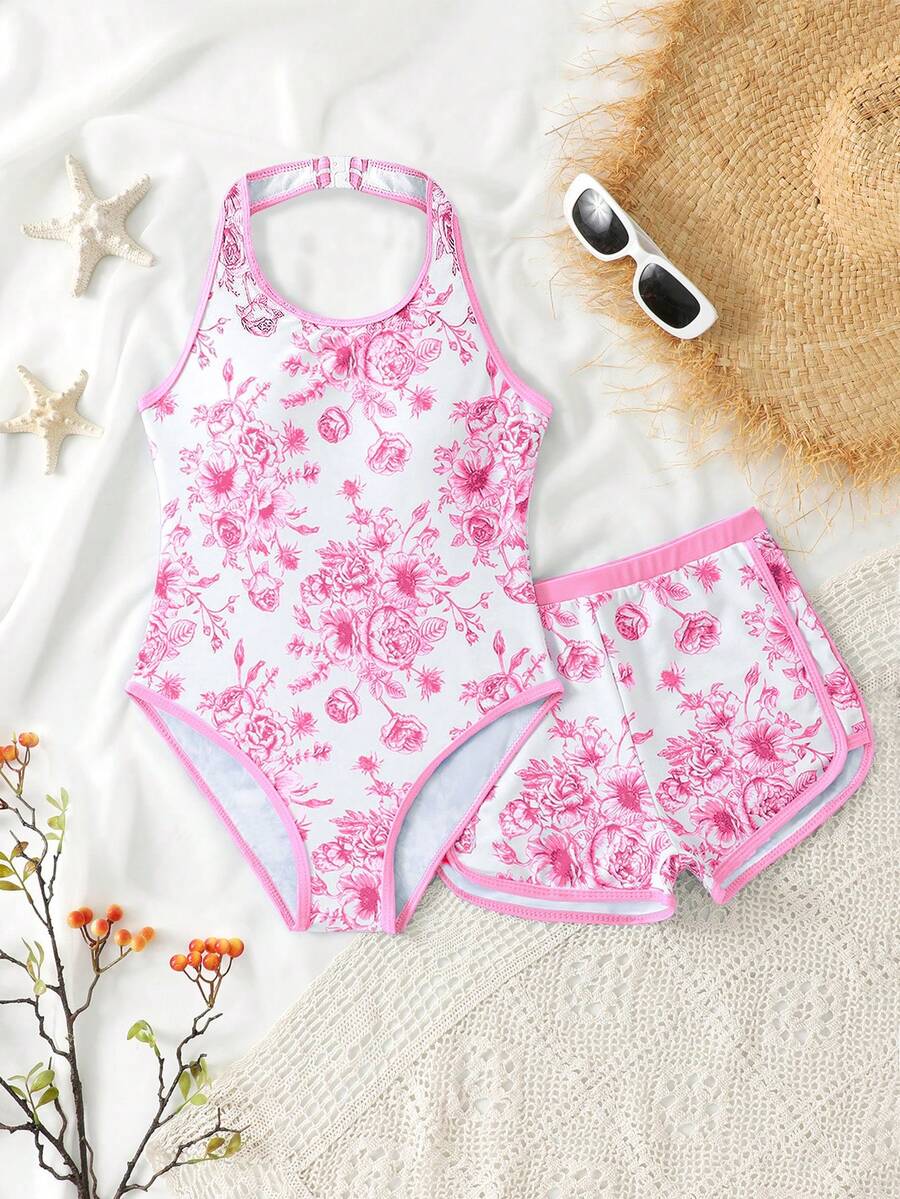 SHEIN 少女夏季沙滩碎花吊带连体泳衣和短裤 - 淺粉色 - 查看 1