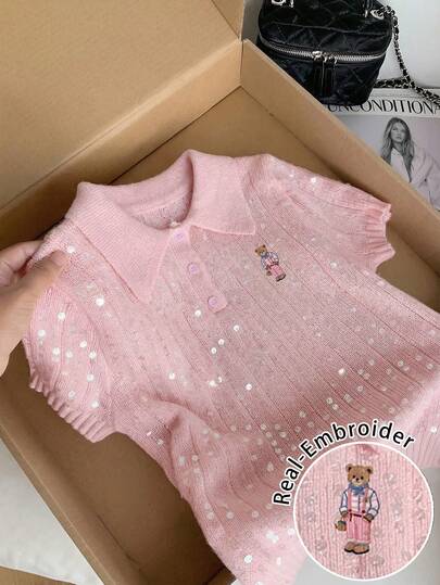 CovetEZ Women's Knitted Textured Sequin Embroidered Niche College Style Brand, Trending Cute Bear Brand Series, Really Adorable Polo Collar Short Sleeve, Suitable For Spring And Summer