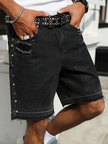 Manfinity EMRG Spring & Summer Casual Street Washed Black Straight Loose Detachable Hem Rhinestone Studded Coated Distressed Denim Shorts - Black - View 1
