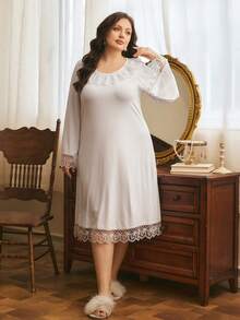 Côtesoire Elegant White Night Wear,Autumn Embroidered Mesh Floral Trim Open Sleeve Maxi Nightgown, Bridal Plus Size Long Sleeve Gown For Women,Curve - White - View 3