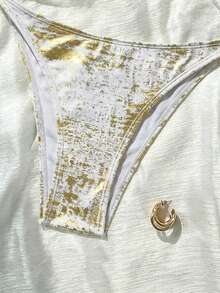 SHEIN Swim 女士夏季沙滩金色箔片图案露背系带性感比基尼泳装套装 - 白色 - 查看 6