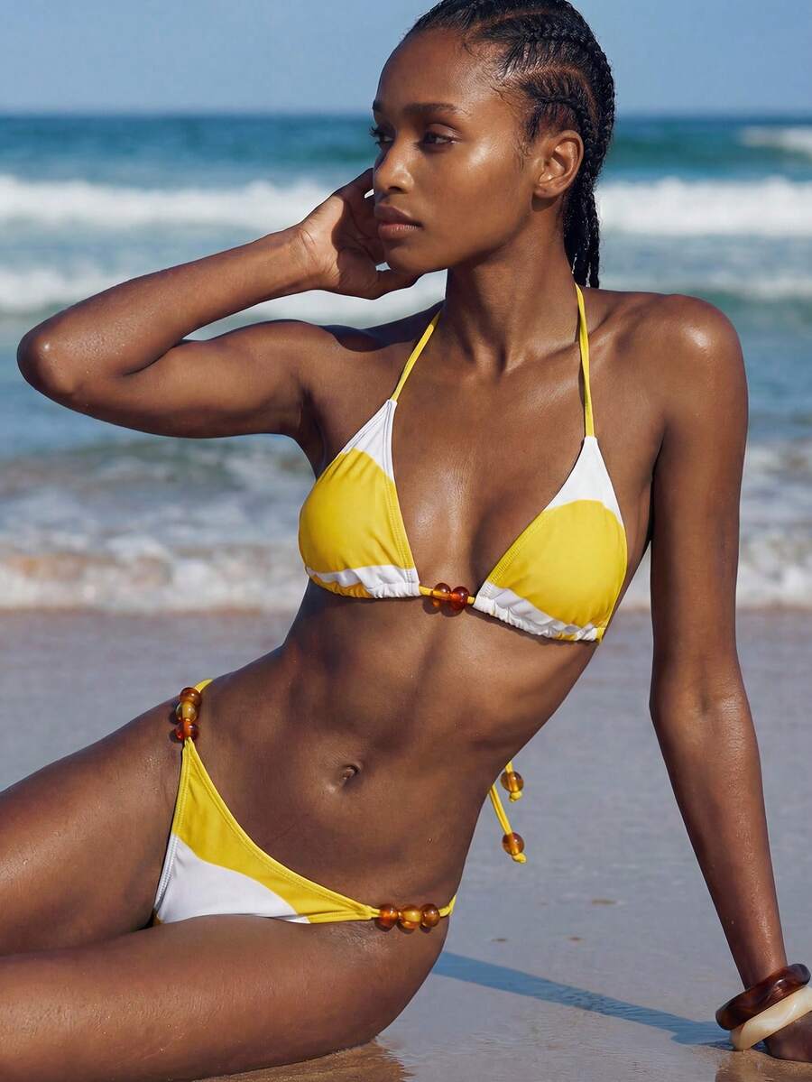 Maija Women's Vacation Casual Printed Halter Bikini Set - Yellow - View 1