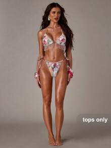 SHEIN BAE 1件装女士白色水晶串珠网纱泳衣上衣 - 白色 - 查看 3