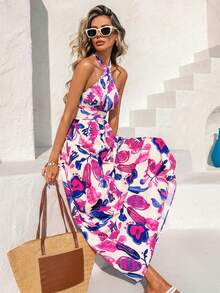 Vivid Eden 女士露背系带交叉吊带艺术印花连衣裙，适合外出和度假 - 彩色 - 查看 6