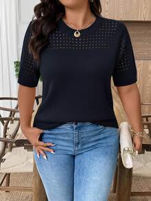 EMERY ROSE Plus Size Casual Hollow Out Round Neck Short Sleeve Top - Navy Blue - View 3