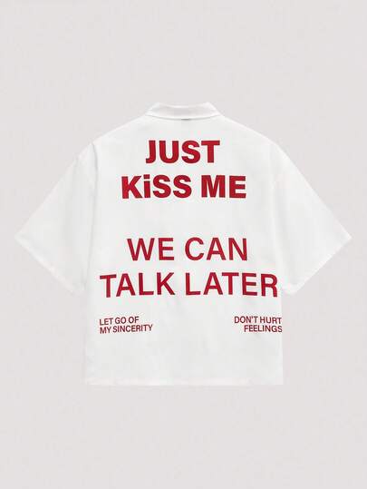 Open Phase 休闲短款宽松红色口号图案印花白色图案衬衫