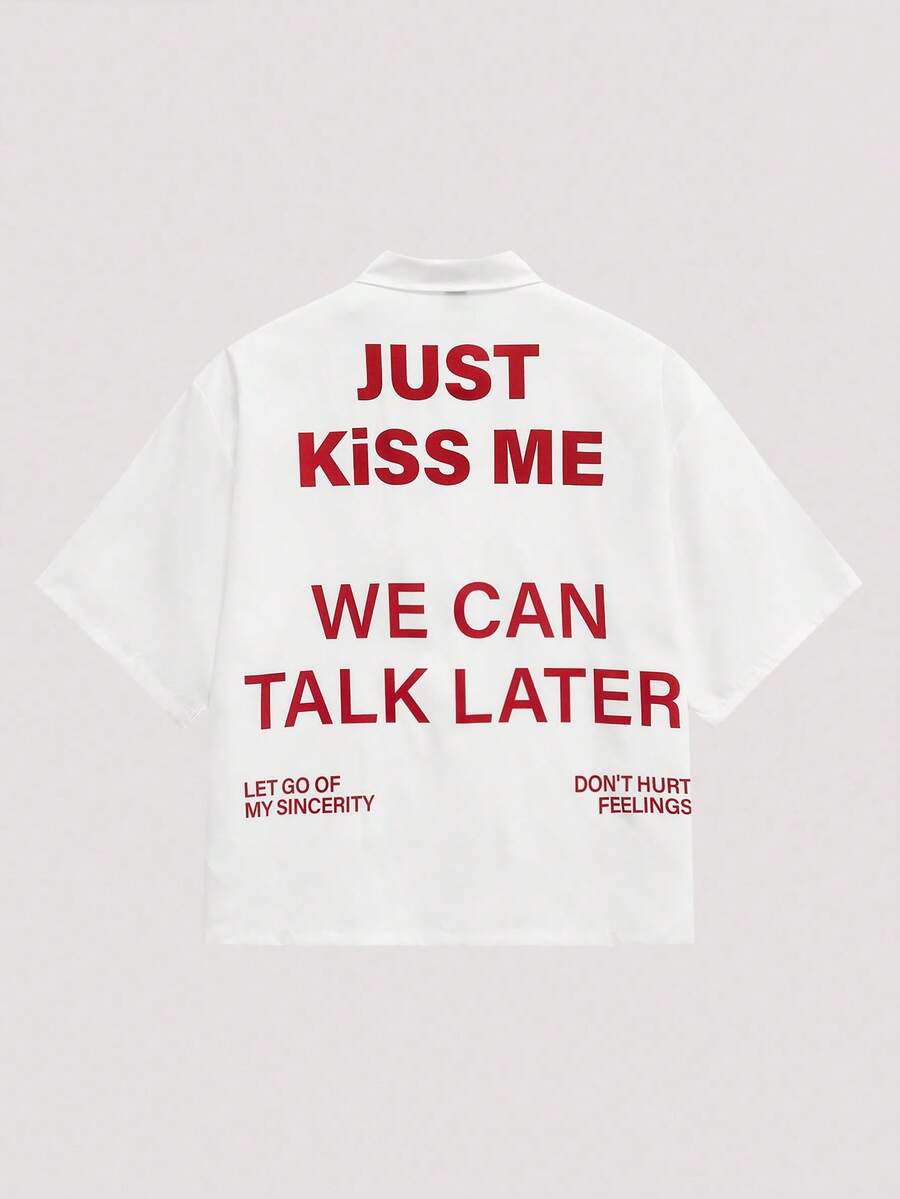 Open Phase 休闲短款宽松红色口号图案印花白色图案衬衫 - 白色 - 查看 1