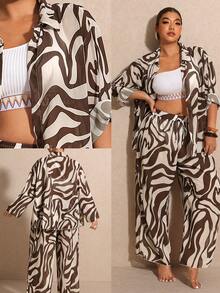Elaquor Plus Size Women Zebra Print Long Sleeve Kimono Shirt And Pants Set - Multicolor - View 6