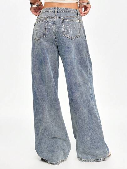 ROMWE Grunge Punk 复古美式小众设计水钻拼接喇叭牛仔裤，闪亮耀眼的时尚女式长裤