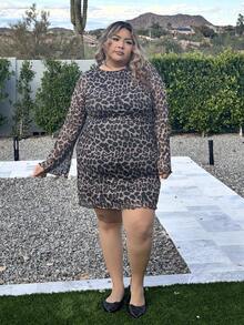 Enliva Plus Size Women Dresses Winter,Long Sleeve Dresses Woman,Leopard Print Mesh Flare Sleeve Sexy Cocktail Dress, Dress Party, Suitable For Daily, Party And Date Wear, Autumn/Winter, For Apple & Rounded Body Shape - Multicolor - View 5