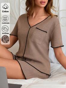 SHEIN 2 Pieces Lettuce Hem Detailed Waffle Fabric Relaxed Short And T-Shirt Contrast Piping Detailed Pijama Set - Dusty Pink - View 1