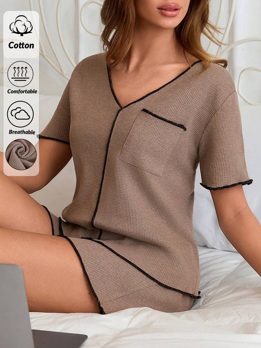 SHEIN 2 Pieces Lettuce Hem Detailed Waffle Fabric Relaxed Short And T-Shirt Contrast Piping Detailed Pijama Set - Dusty Pink - View 1