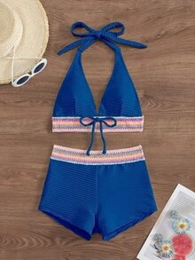 SHEIN Swim 2件套 新款春夏藏蓝色系带露脐吊带背心和短裤，度假休闲沙滩派对比基尼泳装套装，女士度假套装，女士两件套泳衣泳装 - 寶藍色 - 查看 3